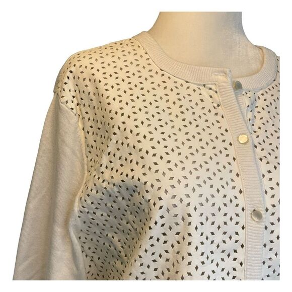 Ann Taylor Floral Laser‎ Cut Faux Leather Cardigan Sweater Ivory Knit XL - Picture 2 of 7